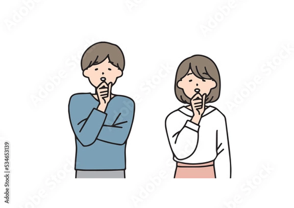 Fototapeta 困っている男女　シンプルな線の人物イラスト
