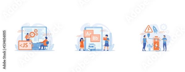 Fototapeta Tiny business people work at detachable computer, Children at tablet and with laptop using kids friendly alphabet application, Safety battery, protected energy device, battery safety use concept, set 