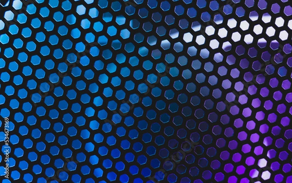 Fototapeta Led lights shines through the ventilation grid holes of computer air cooling system. abstract futuristic colorful background