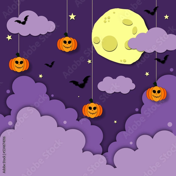 Fototapeta halloween banner Party invitation background with night clouds and pumpkins in paper cut style. Vector illustration full moon in sky, flying bats.