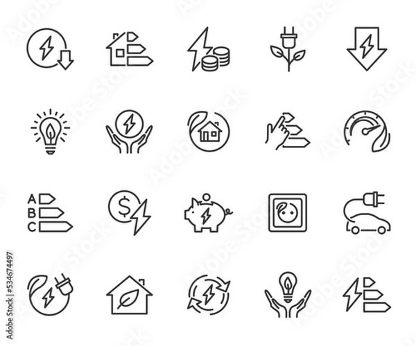 Fototapeta Vector set of energy saving line icons. Contains icons energy efficiency, power consumption, energy costs, green house, reduction consumption, electric car and more. Pixel perfect.