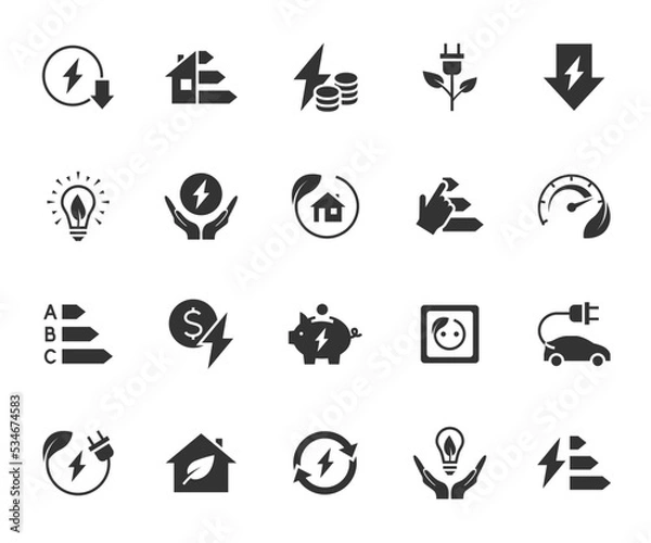 Fototapeta Vector set of energy saving flat icons. Contains icons energy efficiency, power consumption, energy costs, green house, reduction consumption, electric car and more. Pixel perfect.
