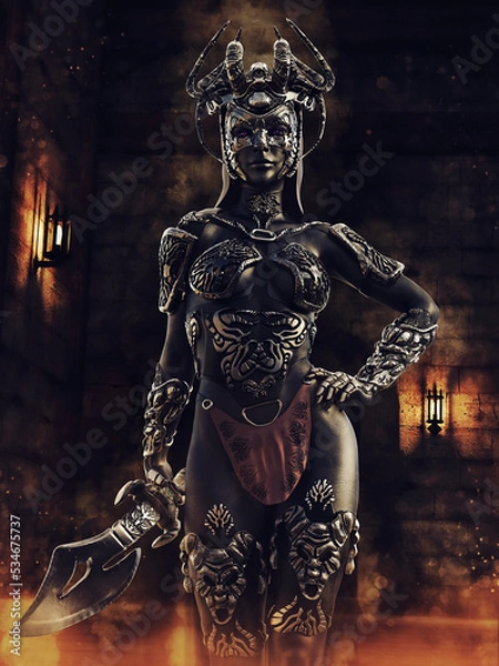 Obraz Fantasy warrior woman in a dark armor and helmet, standing in an old dungeon. 3D render - the woman is a 3D object.
