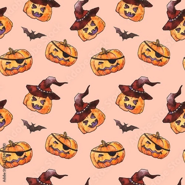 Fototapeta seamless pattern with watercolor pumpkins in witch hat. Pirate pumpkins on a peach background. template design for halloween. Use to print wrapping paper, paper, textiles and decorations.