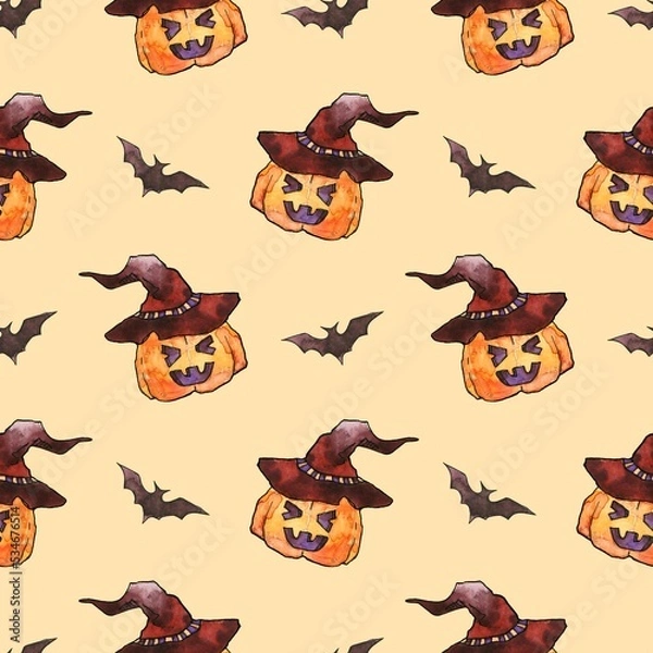 Fototapeta seamless pattern with watercolor pumpkins in a witch's hat and bats on a beige background. template design for halloween. Use to print wrapping paper, paper, textiles and decorations.