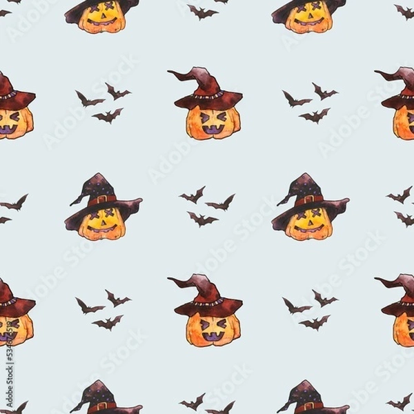 Fototapeta seamless pattern with watercolor pumpkins in witch hat and bats. Pumpkins on a blue background. template design for halloween. Use to print wrapping paper, paper, textiles and decorations.