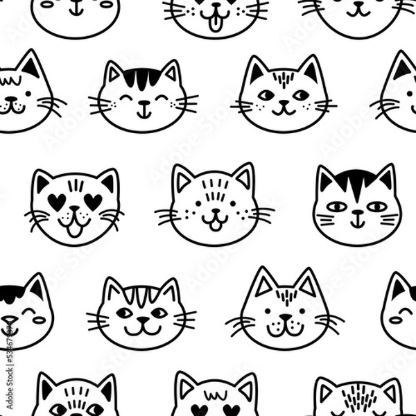 Fototapeta Trendy cartoon seamless pattern with cute doodle cat faces on transparent background. Funny vector illustration for kids. Childish style. Black and white color