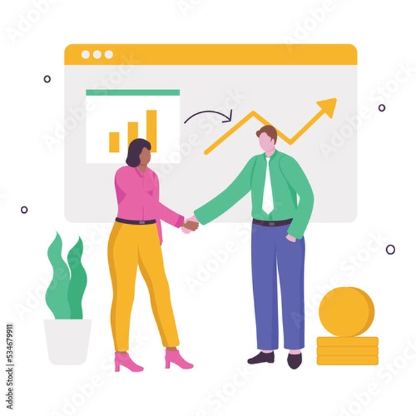 Fototapeta Cartoon Businessman And Woman Handshaking Each Other With Growth Chart Presentation On White Background.