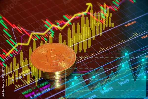 Obraz Bitcoin crypto-currency and computer fee finance with online stock charts,exchange cryptocurrency
