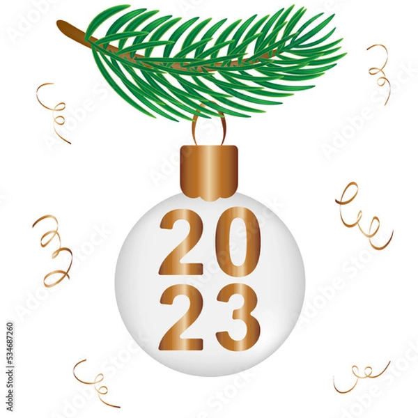Fototapeta white Christmas ball on a fir branch with the numbers 2023 decorated with serpentine vector drawing on a white background