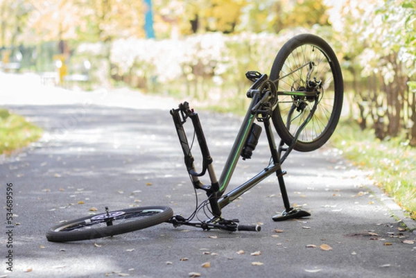 Fototapeta A broken bicycle in the park. Close up