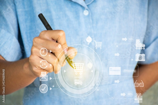 Obraz Businessman online shopping, spending money, work from home concept, ordering or selling online with modern concept of people at home.