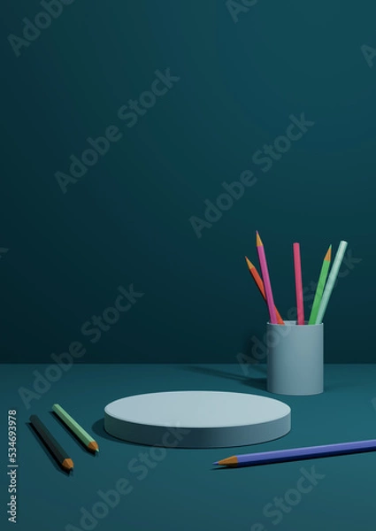Fototapeta Dark teal, aqua blue 3D illustration back to school product display podium or stand, vertical image from the side with pencils on table for product photography background or wallpaper.
