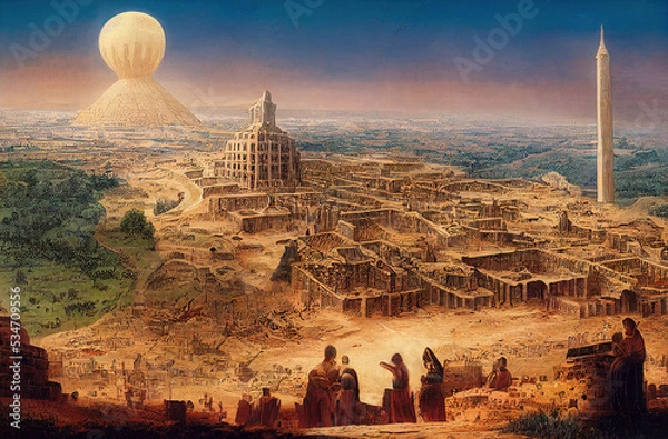 Fototapeta Ancient city of Babylon with the tower of Babel, bible and religion, new testament, speech in different languages,Illustration, Tower