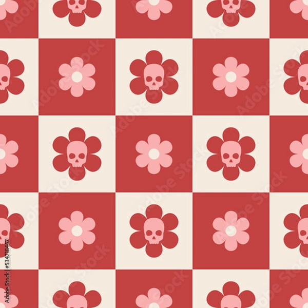 Fototapeta Halloween seamless pattern of flower and skull flower. Geometric groovy retro pattern
