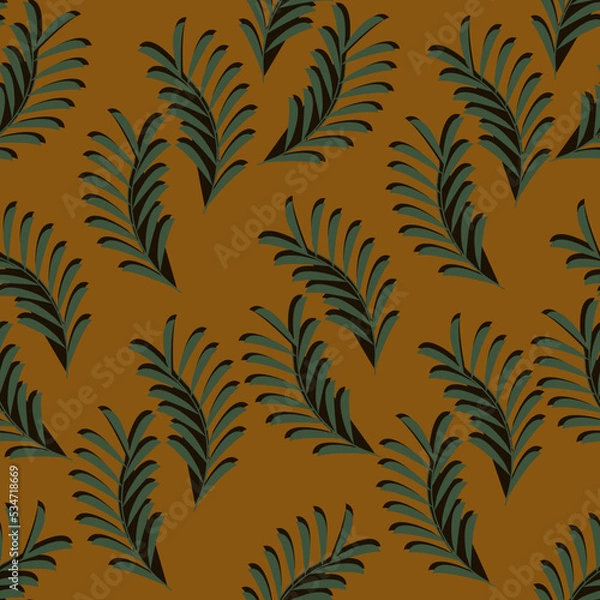 Fototapeta Seamless pattern with beautiful palm leaves on orange background. Vector illustration with tropical leaf. Print for wallpaper and textile.
