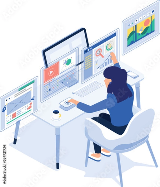 Fototapeta Isometric working designer character girl at the computer