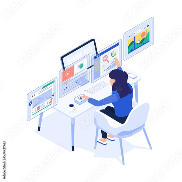 Fototapeta Isometric working designer character girl at the computer
