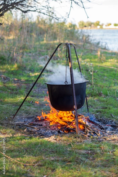 Fototapeta A black metal cauldron on a tripod hangs over a fire, over a cauldron of steam from cooking food, in a forest on a summer day