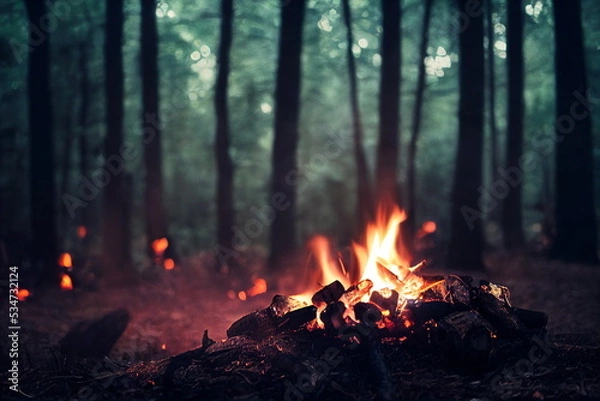 Fototapeta Burning fire in the forest. Beautiful landscape of nature. and trees. Sparks and flames. Rest by the fire. Camping in the woods