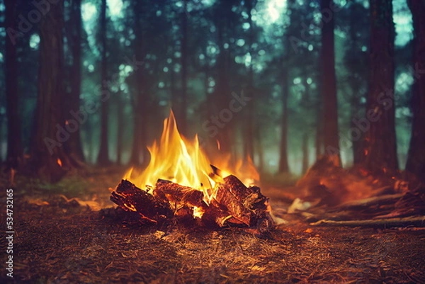 Fototapeta Burning fire in the forest. Beautiful landscape of nature and trees. Sparks and flames. Rest by the fire. Camping in the woods