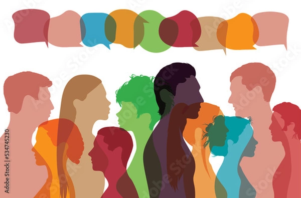 Fototapeta Community discussion. Conversation among friends. Social networking. Vector cartoon profile talking. Speech bubble and social network.