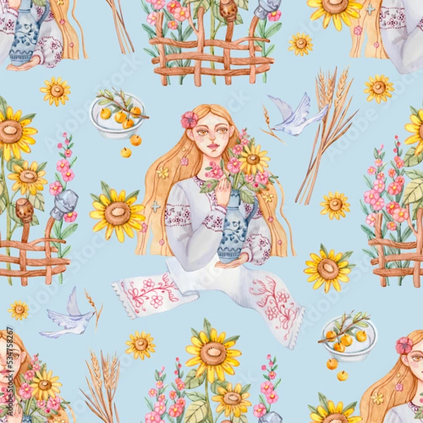 Obraz Seamless pattern with a Ukrainian woman in a traditional embroidered shirt with a jug with flowers in her hands and other Ukrainian attributes painted in watercolor.
