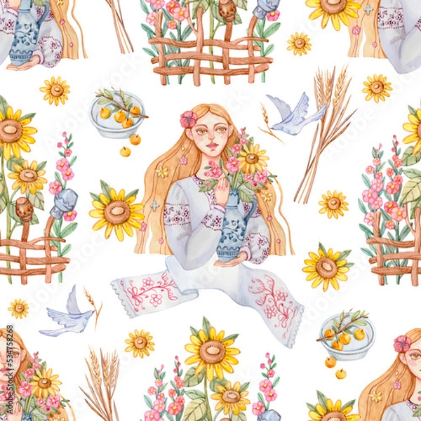 Obraz Seamless pattern with a Ukrainian woman in a traditional embroidered shirt with a jug with flowers in her hands and other Ukrainian attributes painted in watercolor.