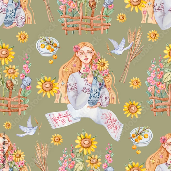 Obraz Seamless pattern with a Ukrainian woman in a traditional embroidered shirt with a jug with flowers in her hands and other Ukrainian attributes painted in watercolor.