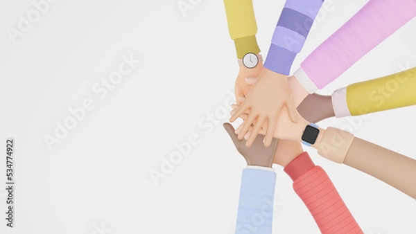 Obraz 3D render of people of different nationalities team putting their hands together, Young people putting their hands together. Friends with stack of hands showing unity and teamwork.
