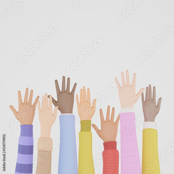 Fototapeta 3D render of people of different nationalities raising hands in the air, Hands up. Concept of Social diversity for global equality and peace with colorful people hands.