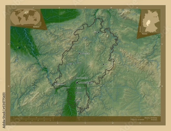 Fototapeta Hessen, Germany. Physical. Labelled points of cities