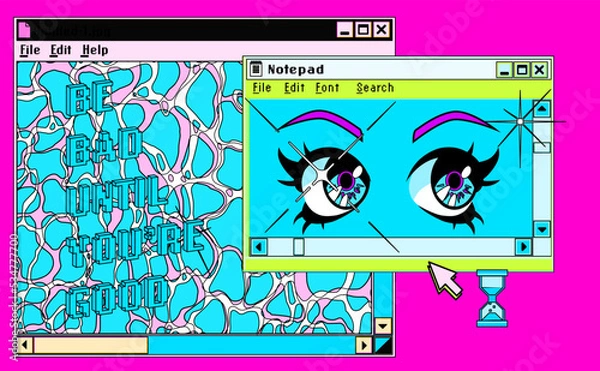 Fototapeta Cute retro vaporwave style collage of user interface elements. Pixelated Y2K window boxes, tabs, buttons.