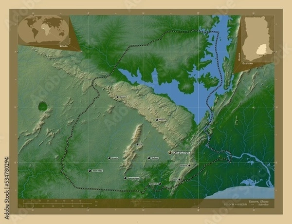 Fototapeta Eastern, Ghana. Physical. Labelled points of cities