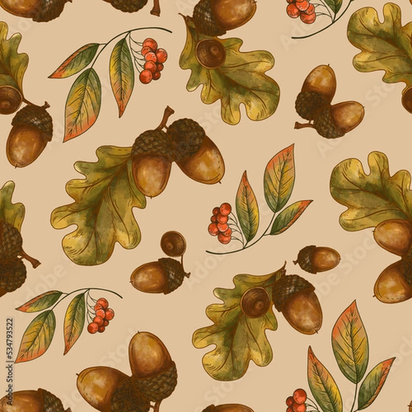 Fototapeta Oak Fall Leaves Seamless Pattern, Autumn Acorn Texture