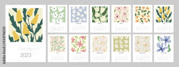 Fototapeta Floral calendar template for 2023. Vertical design with bright colorful flowers and leaves. Editable illustration page template A4, A3, set of 12 months with cover. Vector mesh. Week starts on Monday.