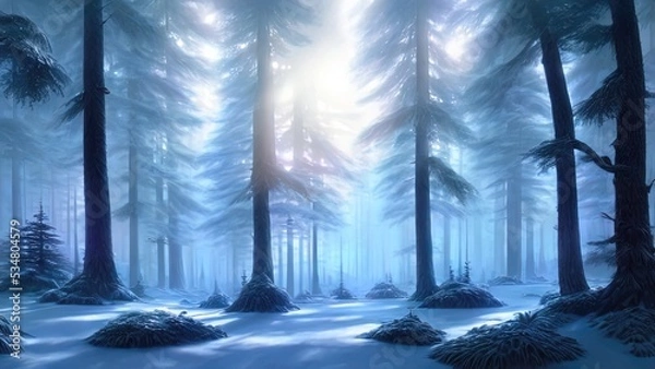 Fototapeta Winter snowy park. Trees in the snow, a frozen river, snowdrifts and ice. Fantasy winter landscape. Frosty sunset. 3D illustration.