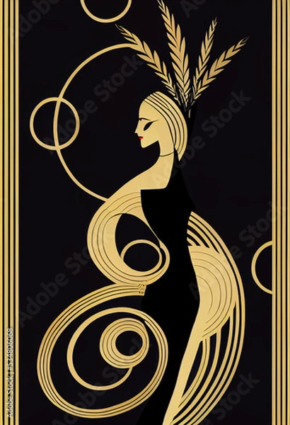 Fototapeta abstract digital art deco style postcard illustration of a woman and circular shapes, created with generative ai