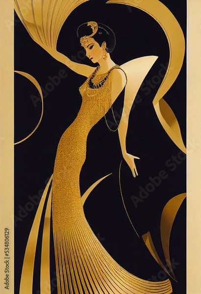 Fototapeta abstract digital art deco style postcard illustration with gold trimmings, created with generative ai