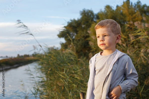 Fototapeta A cute blond boy 3-4 years old in a gray sweatshirt and a striped windbreaker looks attentively to the side, a portrait in nature on a warm day