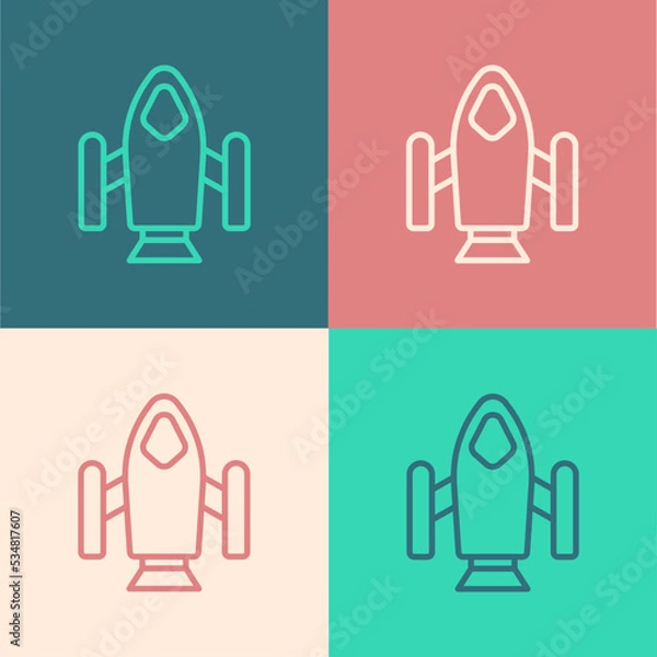 Fototapeta Pop art line Rocket ship icon isolated on color background. Space travel. Vector