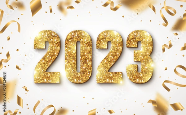 Fototapeta Happy New Year Banner with Gold 2023 Numbers on Bright Background with Flying Confetti and Streamers. Vector illustration. Golden Holiday logo poster