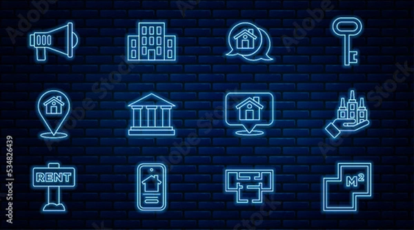 Fototapeta Set line House plan, Skyscraper, Real estate message house, Museum building, Location with, Megaphone, and icon. Vector