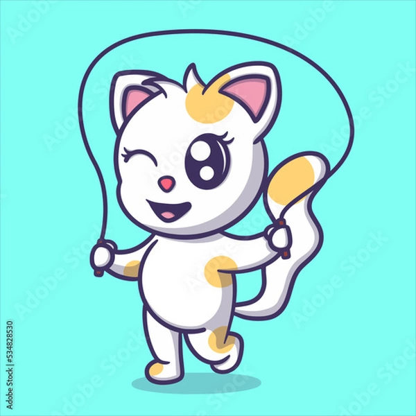 Fototapeta cute cat playing jump rope cartoon vector icon illustration