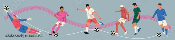 Fototapeta Set of diverse football player men athlete team figures. Colorful football game male players illustration collection. Includes foot ball kick pose, goalkeeper catch on isolated background. Hand drawn