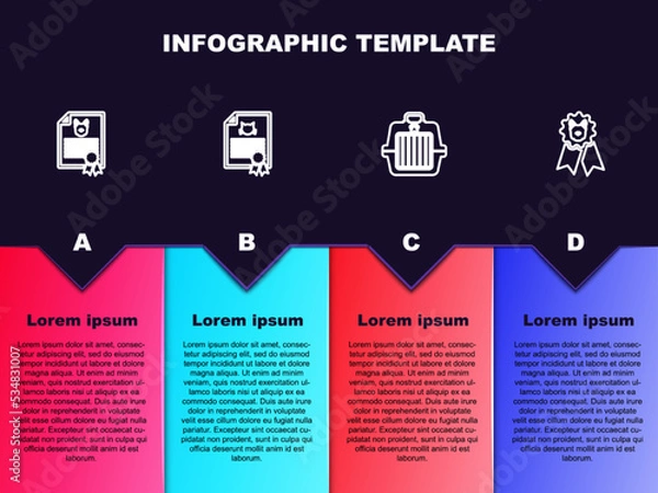 Fototapeta Set line Certificate for dog or cat, , Pet carry case and Dog award symbol. Business infographic template. Vector