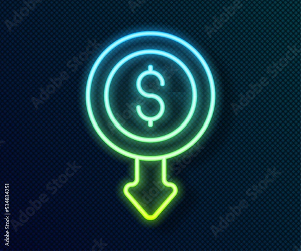 Fototapeta Glowing neon line Dollar rate decrease icon isolated on black background. Cost reduction. Money symbol with down arrow. Business lost crisis decrease. Vector