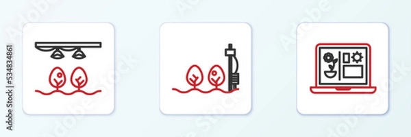 Fototapeta Set line Smart farming technology, with bulb and plant and Standalone sensor icon. Vector