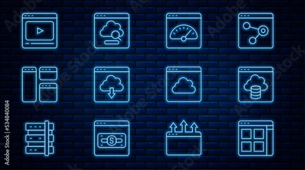 Obraz Set line Browser files, Cloud technology data transfer, Digital speed meter, download, window, Online play video, and icon. Vector