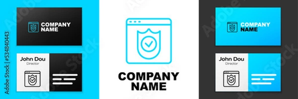 Fototapeta Blue line Browser with shield icon isolated on white background. Security, safety, protection, privacy concept. Logo design template element. Vector